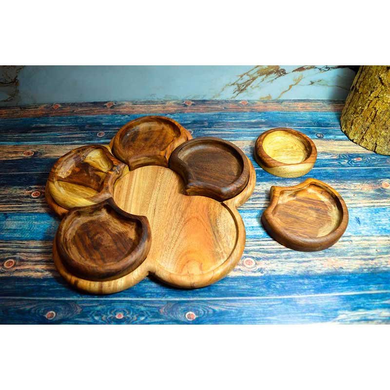 طبق أكل او تسالى 6 دوائر خشب صناعة يدوية الوان طبيعي 100% معالج بزيت الزيتون