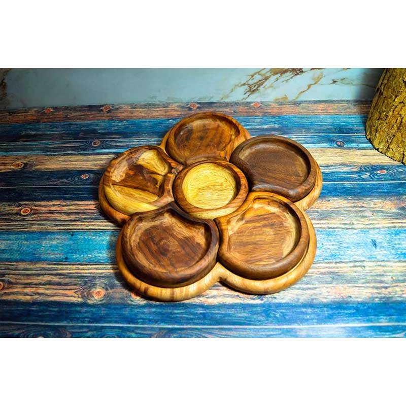 طبق أكل او تسالى 6 دوائر خشب صناعة يدوية الوان طبيعي 100% معالج بزيت الزيتون
