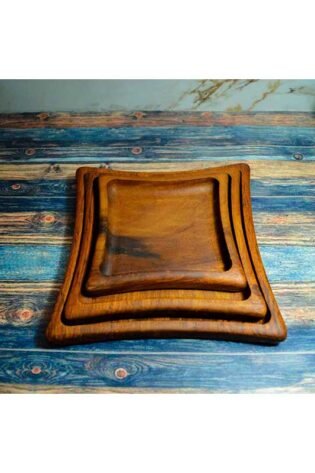 طقم أطباق 3 قطع على شكل مربع خشب صناعة يدوية الوان طبيعي 100% معالج بزيت الزيتون