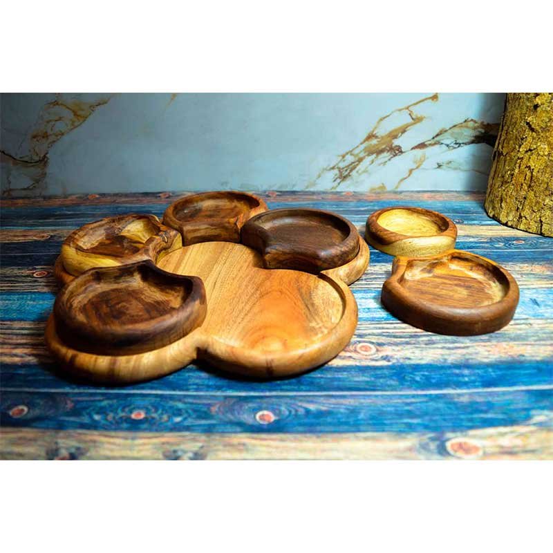طبق أكل او تسالى 6 دوائر خشب صناعة يدوية الوان طبيعي 100% معالج بزيت الزيتون