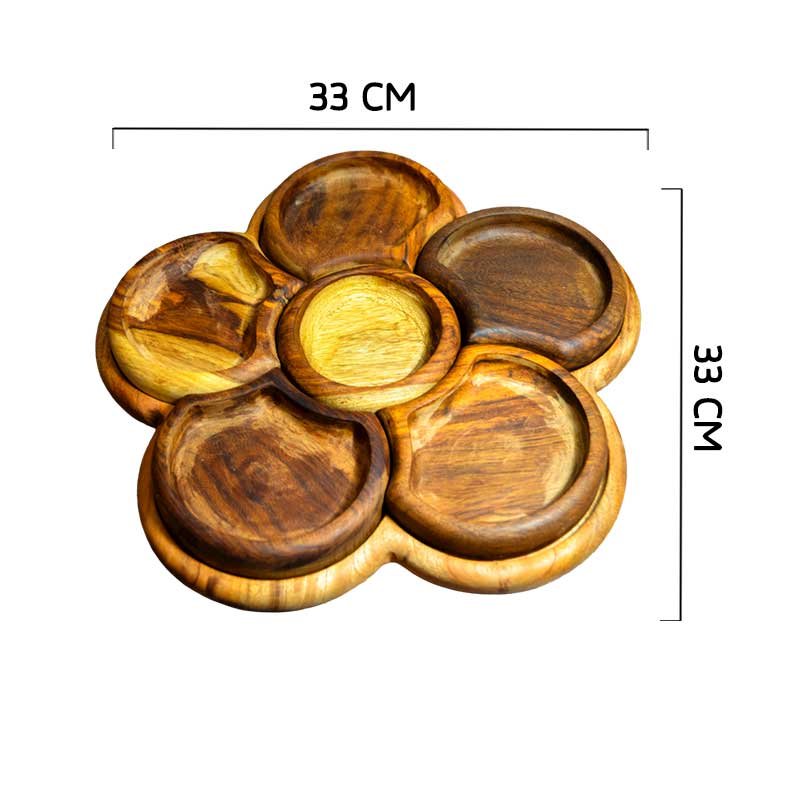 طبق أكل او تسالى 6 دوائر خشب صناعة يدوية الوان طبيعي 100% معالج بزيت الزيتون