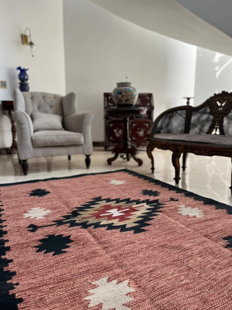 سجادة، سجادة كليم، صوف 100% مقاس 215 × 150 سم، ديكور يدوي متعدد الالوان من انتاج ايجيبت أنتيكس - Image 3