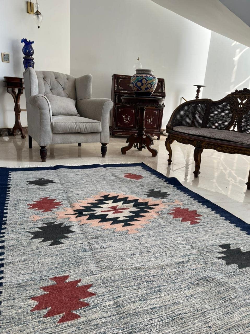 سجادة، سجادة كليم، صوف 100% مقاس 215 × 146 سم، ديكور يدوي متعدد الالوان من انتاج ايجيبت أنتيكس - Image 3