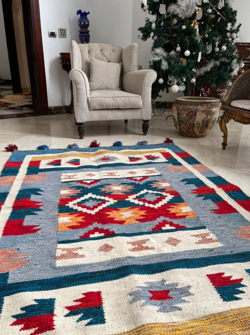 سجادة، سجادة كليم، صوف 100% مقاس 215 × 145 سم، ديكور يدوي الصنع