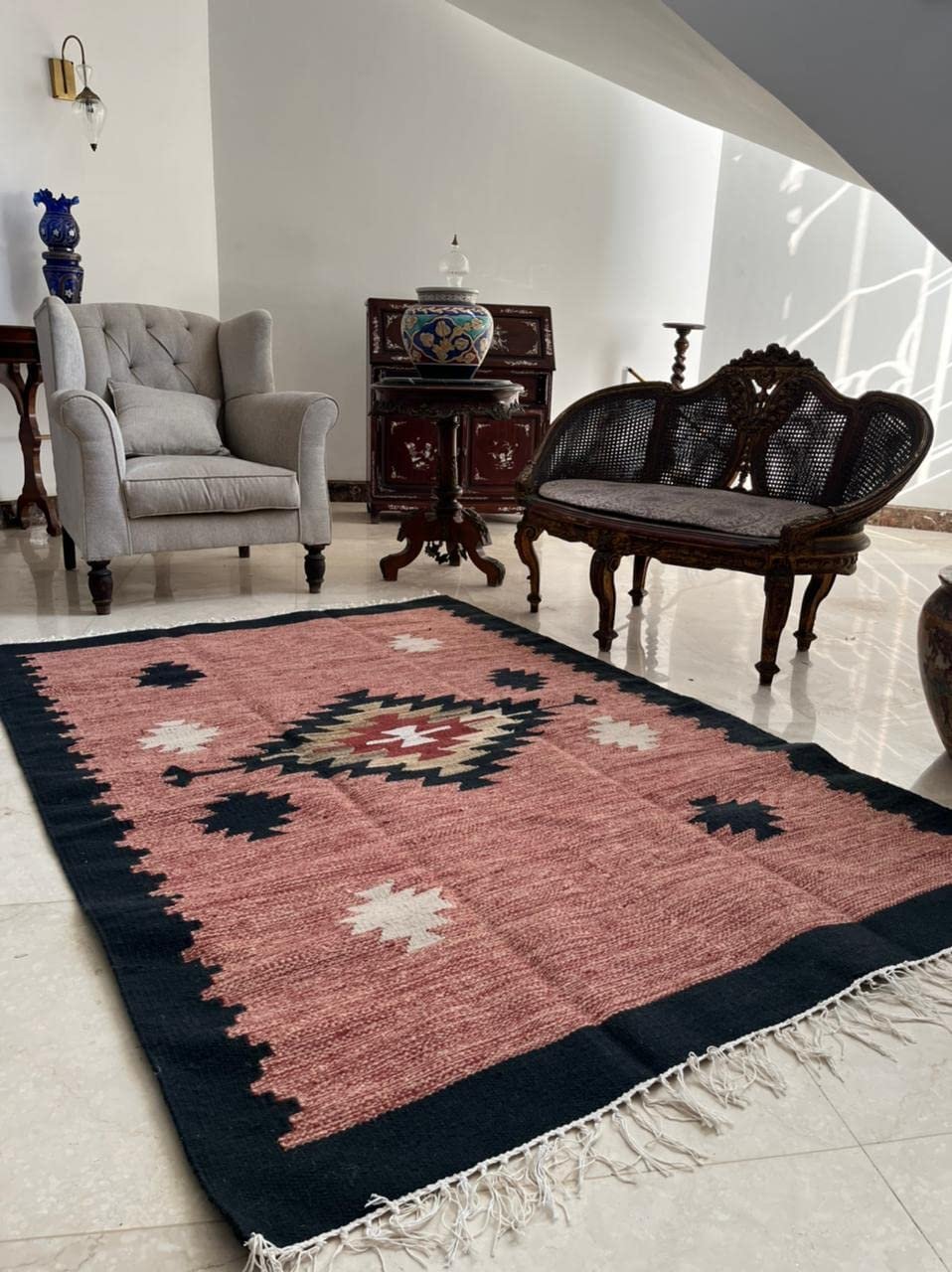 سجادة، سجادة كليم، صوف 100% مقاس 215 × 150 سم، ديكور يدوي متعدد الالوان من انتاج ايجيبت أنتيكس - Image 6