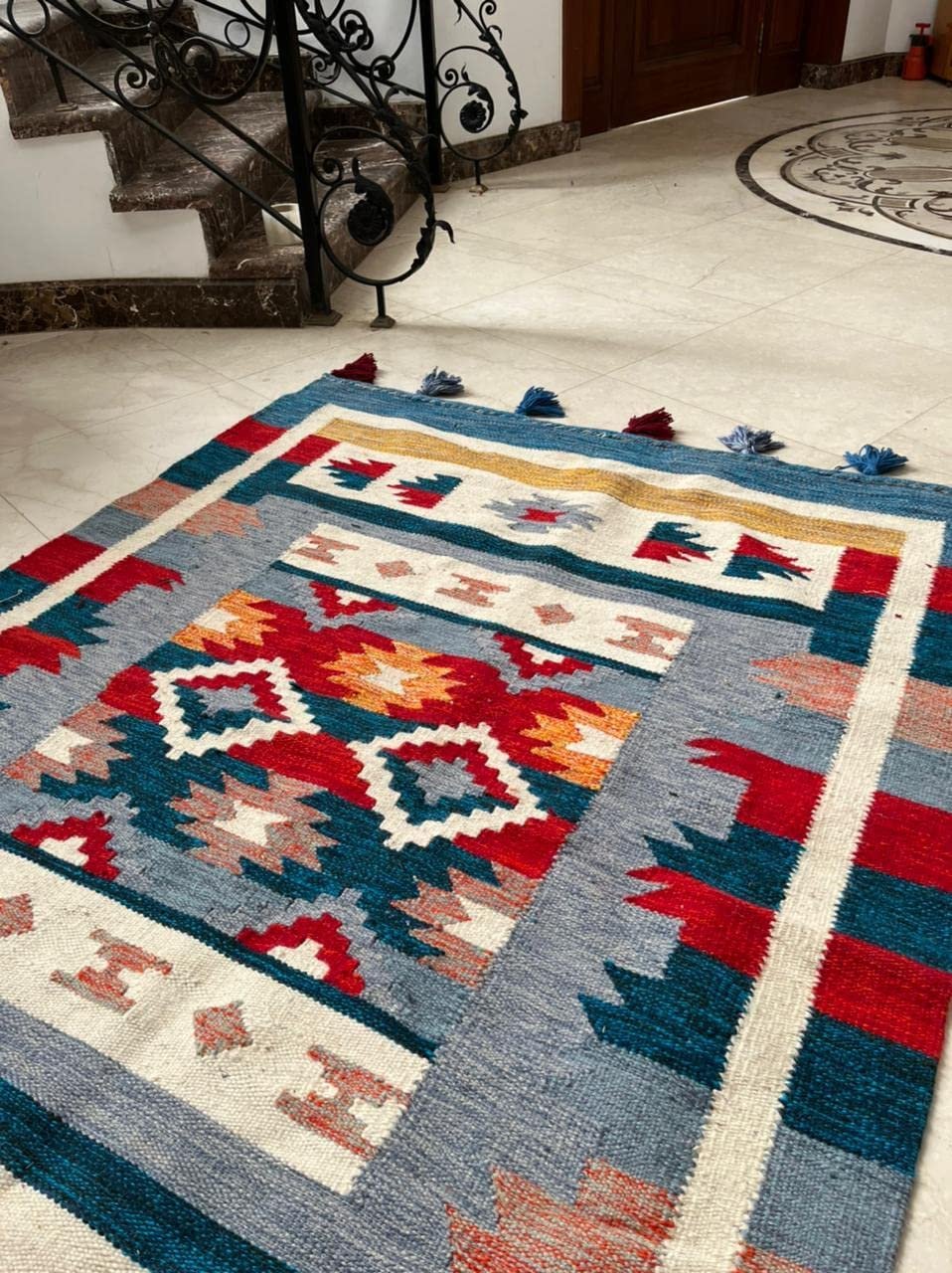 سجادة، سجادة كليم، صوف 100% مقاس 215 × 145 سم، ديكور يدوي الصنع متعدد الالوان من انتاج ايجيبت أنتيكس - الصورة 2