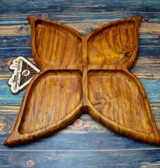 طبق تسالى او وجبات خفيفة فراشة صناعة يدوية من الخشب الصحي الوان طبيعية 100% من قلب الشجرة