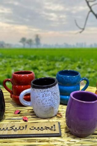 طقم مكون من 6 أكواب من الفخار الصحي المطلي ألوان مختلفة صناعة مصرية يدوية 100% من انتاج ايجيبت أنتيكس