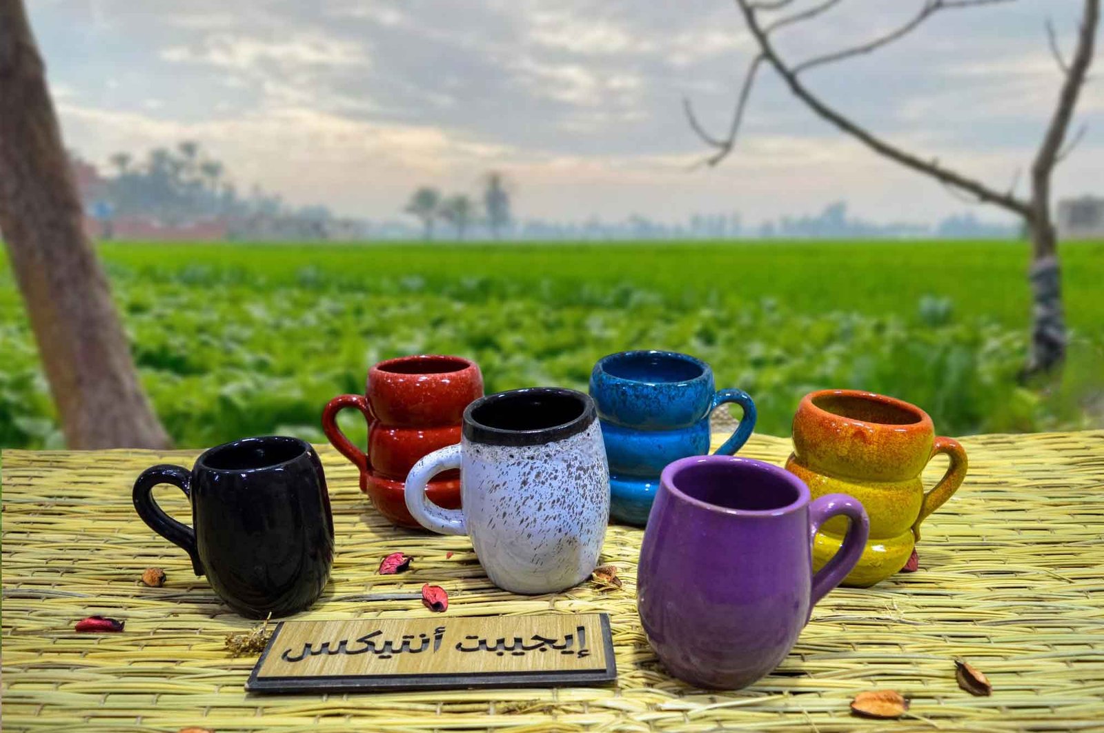 طقم مكون من 6 أكواب من الفخار الصحي المطلي ألوان مختلفة صناعة مصرية يدوية 100% من انتاج ايجيبت أنتيكس