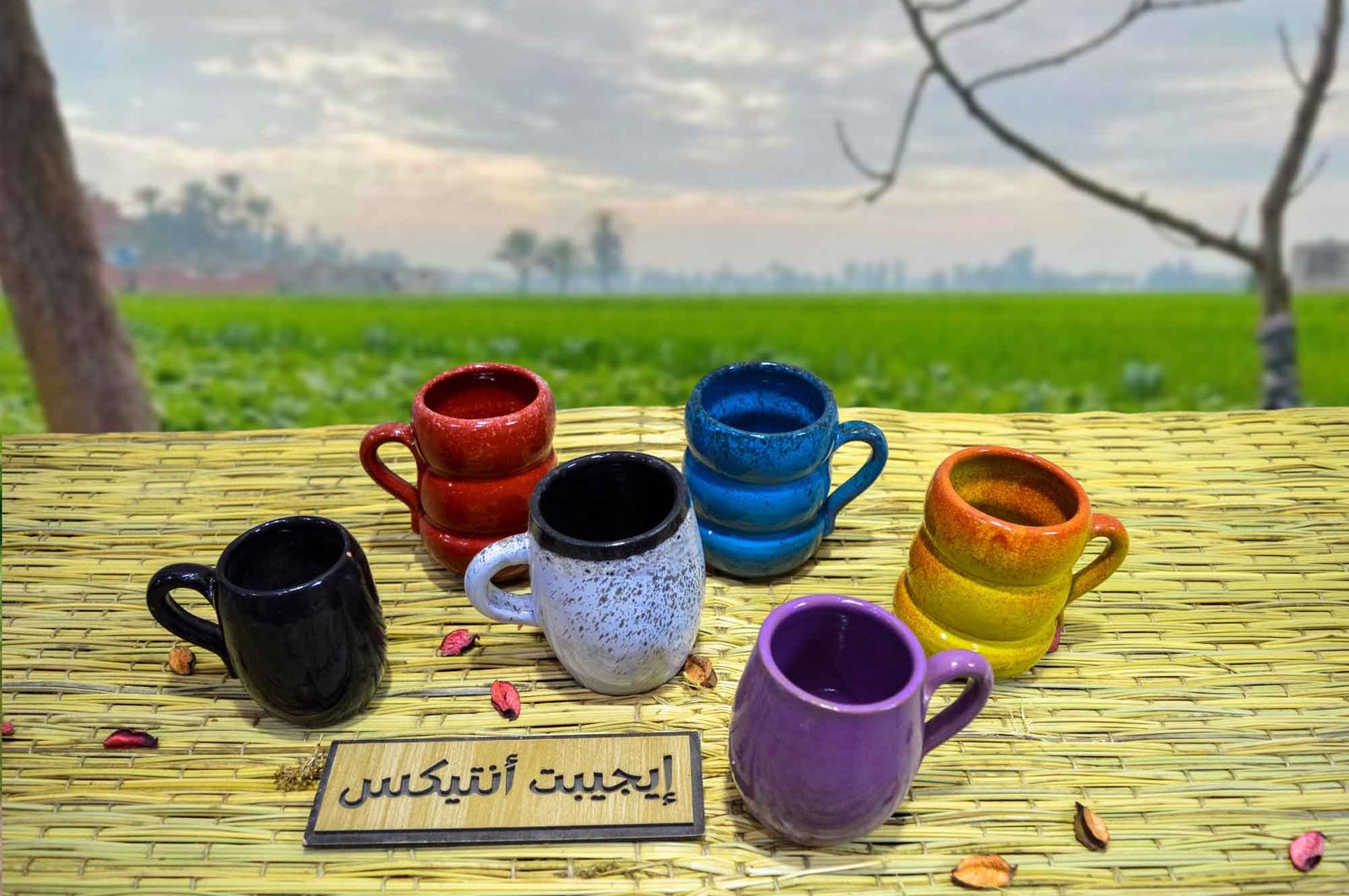 طقم مكون من 6 أكواب من الفخار الصحي المطلي ألوان مختلفة صناعة مصرية يدوية 100% من انتاج ايجيبت أنتيكس