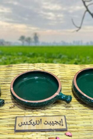 طقم قلاية من الفخار الصحي المطلي لون أخضر زيتوني مكون من 3 قطع 3 مقاسات مختلفة صناعة مصرية يدوية 100% من انتاج ايجيبت أنتيكس