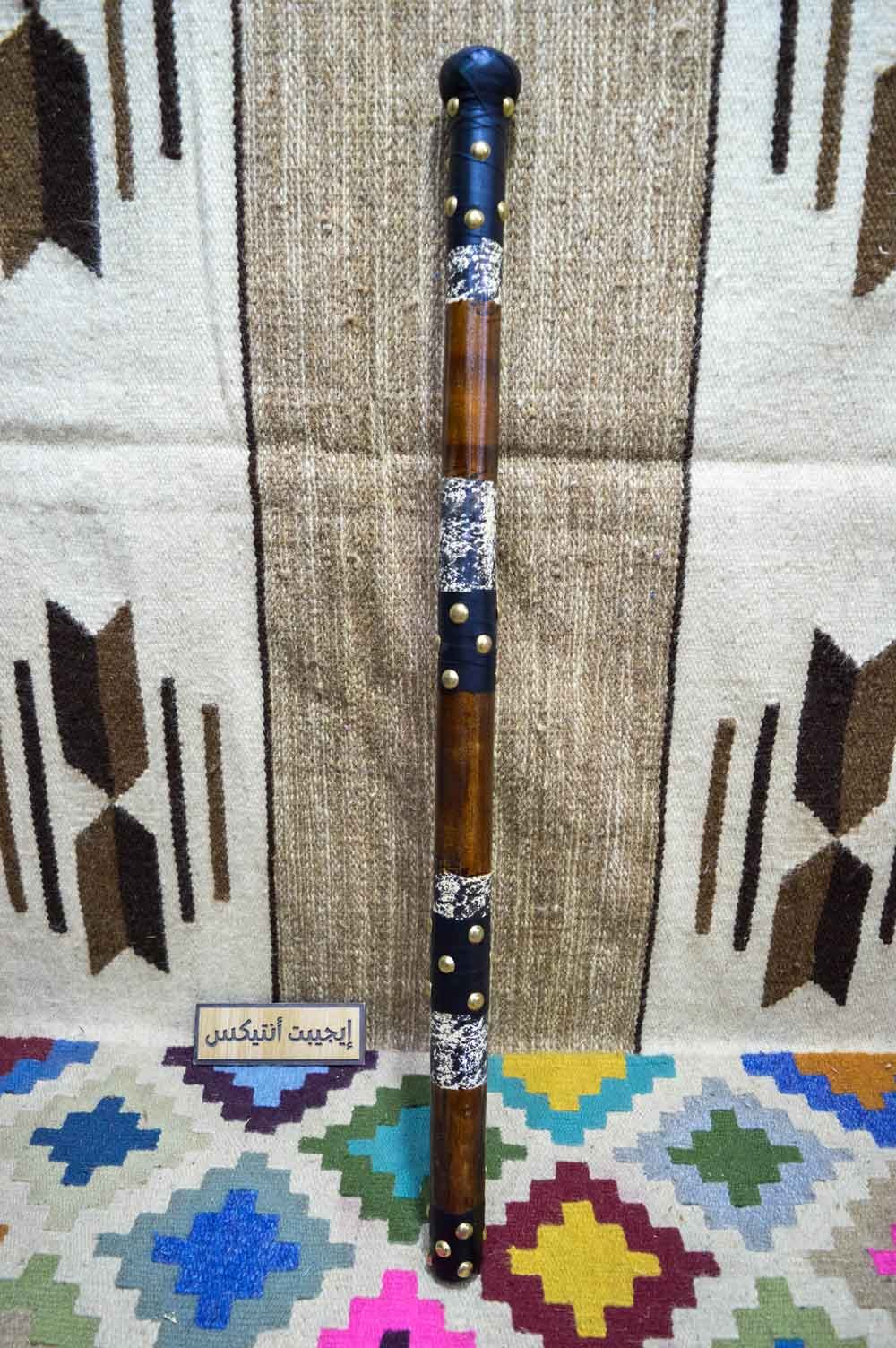 Wooden walking cane brown with black leather - handmade Egyptian craft - Egypt Antiques