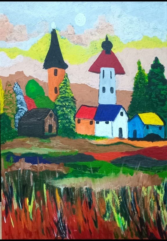 لوحة زيتية للريف الاوروبي صناعة مصرية 100% من انتاج ايجيبت أنتيكس مقاس 57سم × 45سم