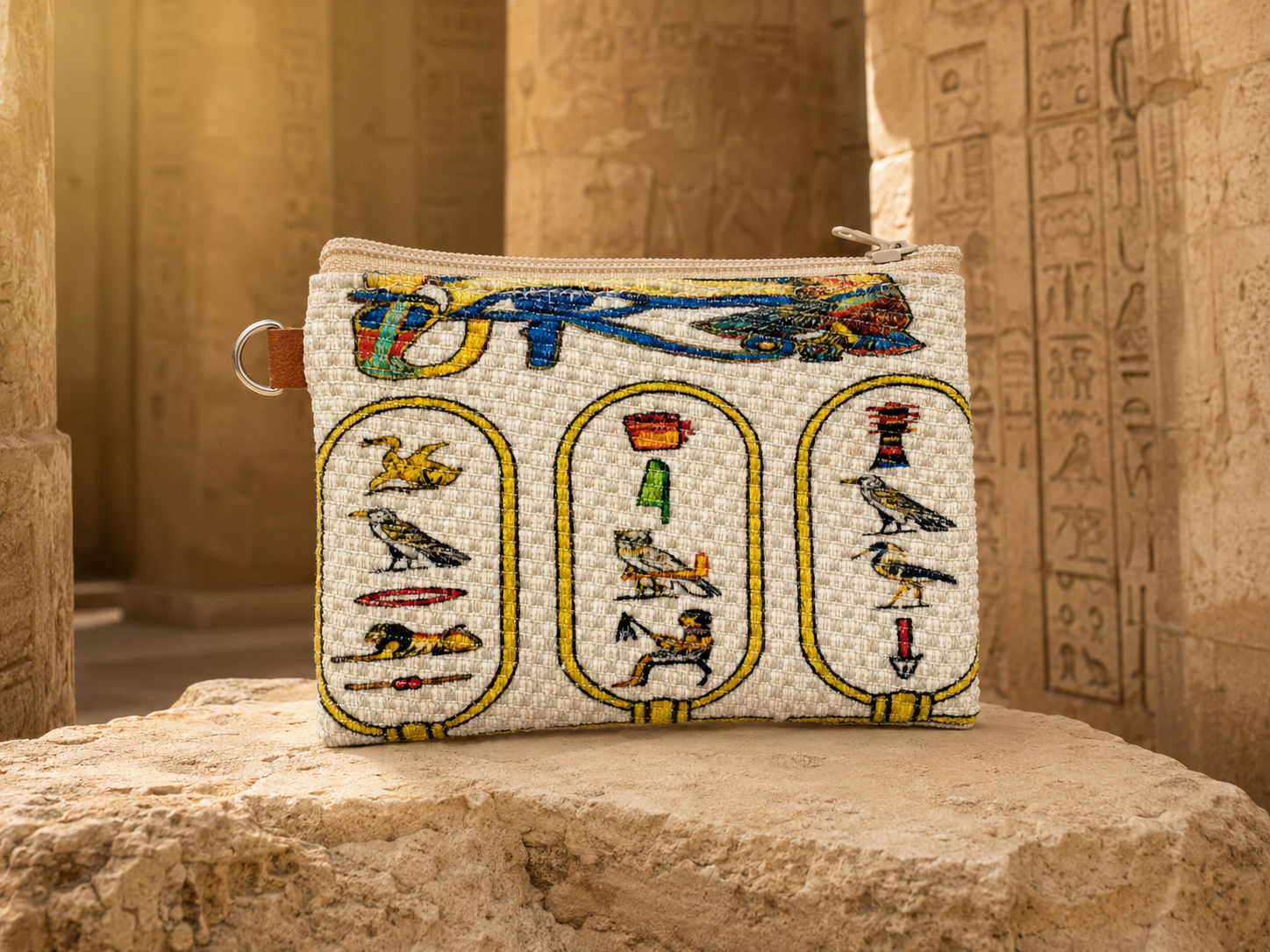 محفظة كانفس فرعونية بسحاب، صناعة مصرية يدوية 100%، 13×10 سم
