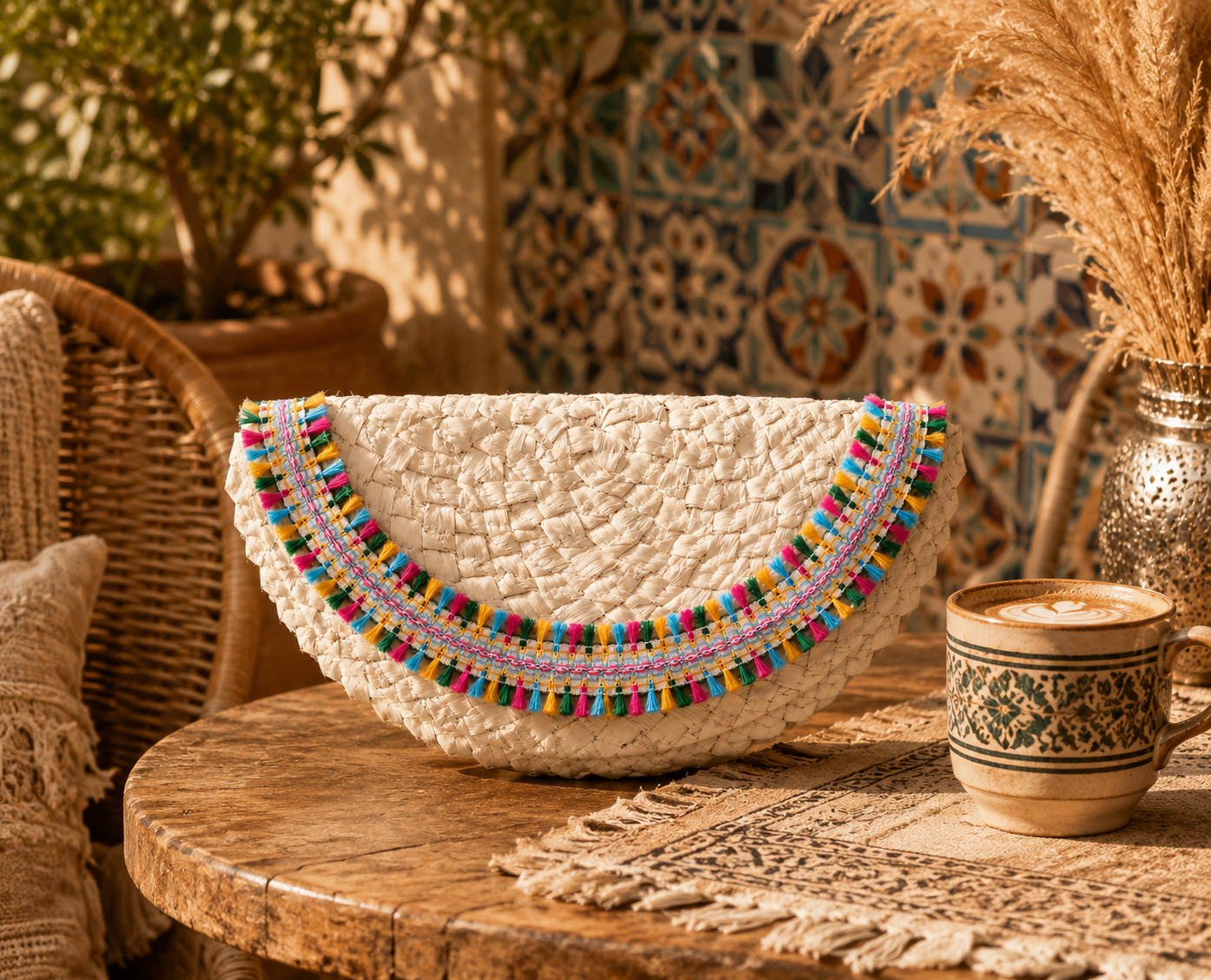 كلاتش خوص يدوي نصف دائري مزين بشريط زخرفي ملون متعدد الألوان – صناعة مصرية يدوية 100% من إيجيبت أنتيكس