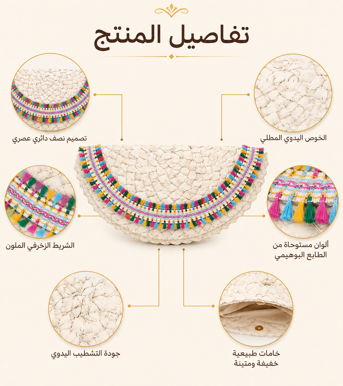 كلاتش خوص يدوي نصف دائري مزين بشريط زخرفي ملون متعدد الألوان – صناعة مصرية يدوية 100% من إيجيبت أنتيكس