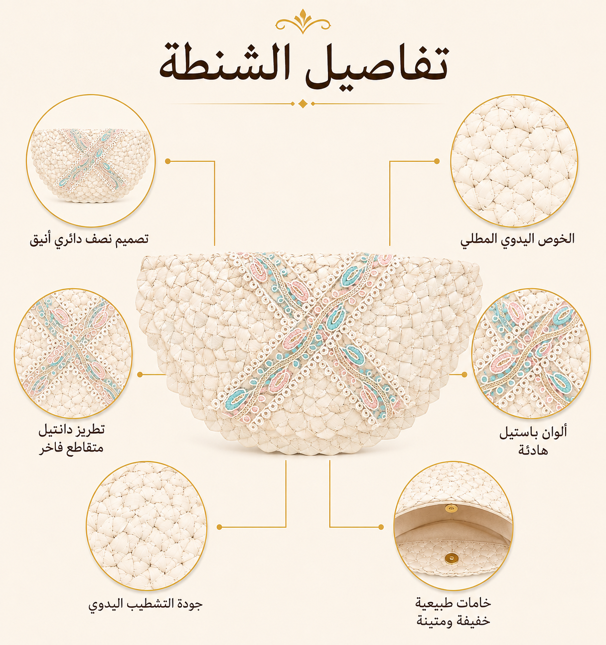 كلاتش خوص يدوي نصف دائري مزين بشريط دانتيل مطرز متقاطع بألوان الباستيل – صناعة مصرية يدوية 100% من إيجيبت أنتيكس